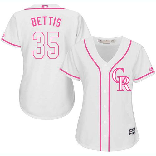 Rockies #35 Chad Bettis White/Pink Fashion Women's Stitched MLB Jersey - Click Image to Close